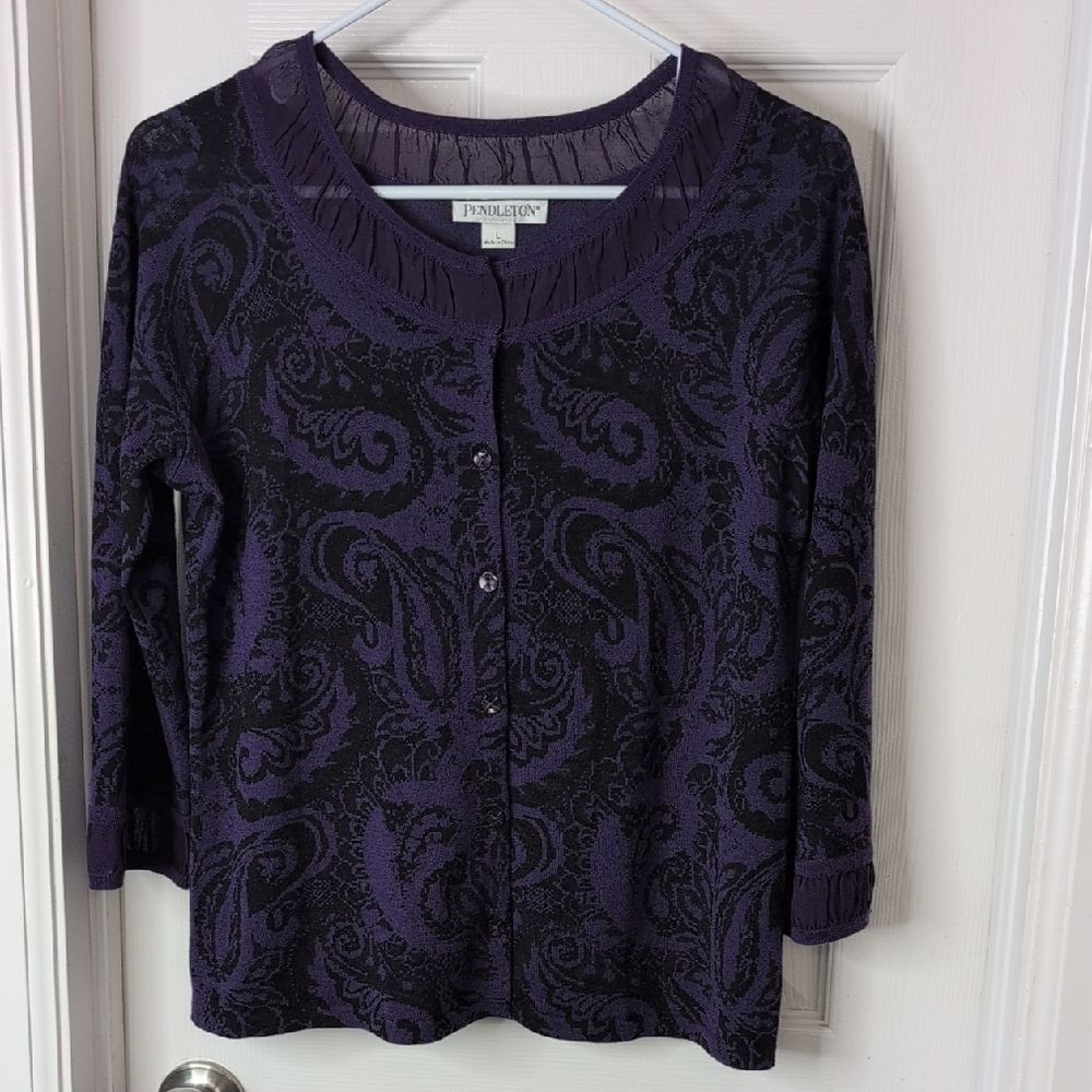 Pendleton Black and Purple Paisley Wool Sweater